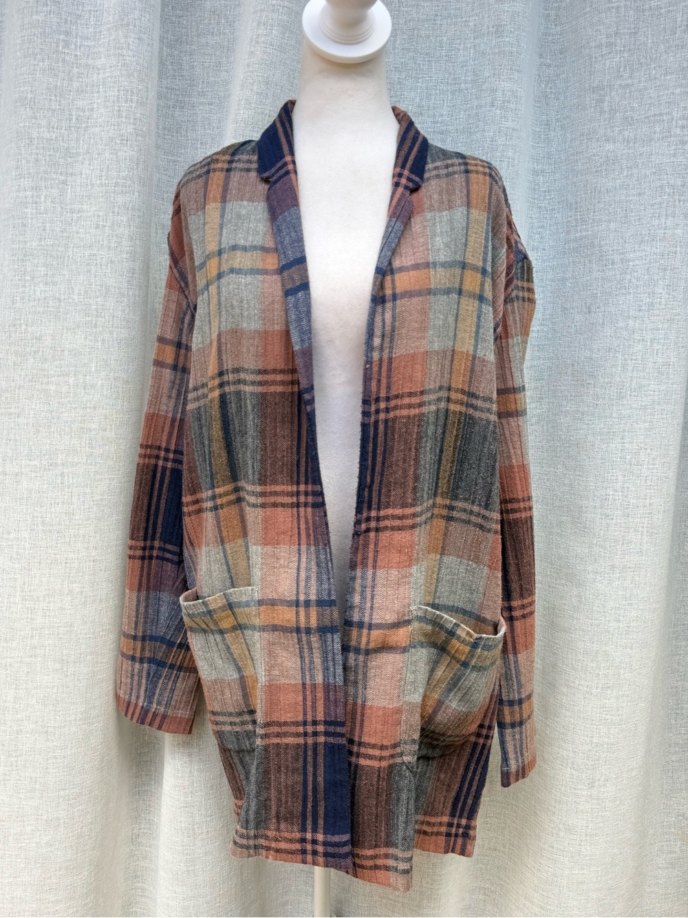 1980 Norma Kamali plaid blue orange plaid open front cardigan blazer
